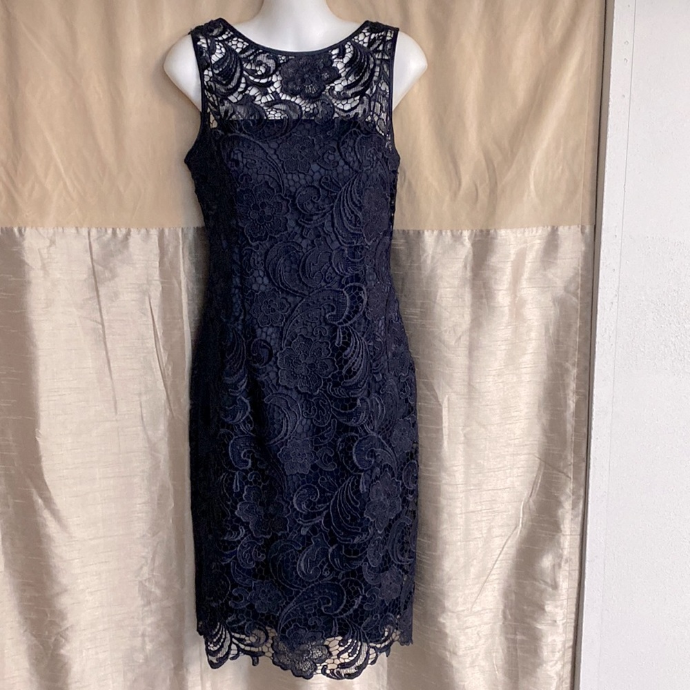 New Adrianna Papell cocktail elegant lace dress navy blue size 6